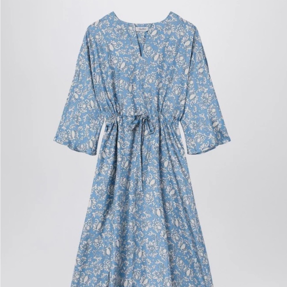 MaxMara Blue and Cream Floral Midi Dress Silk Womens Medium